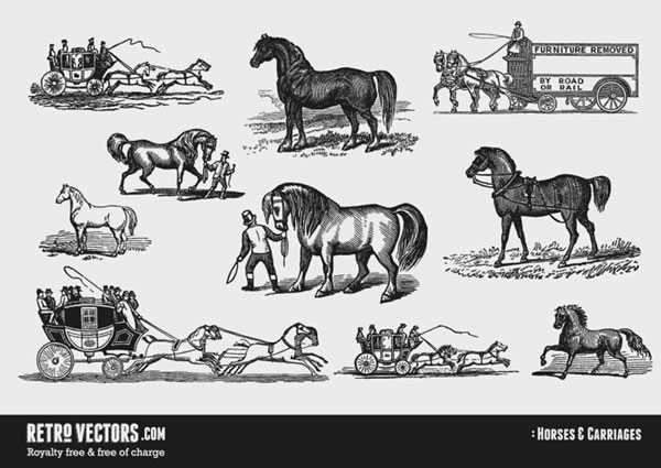 馬や色々な種類の馬車を手描きスケッチ風に描いたレトロなベクターイラスト