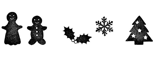 無料素材 クリスマスツリーや雪の結晶に人型のクッキーなどをハンコ風に描いた可愛いイラストセット