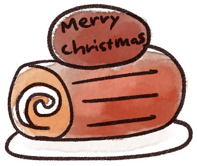 クリスマス気分を盛り上げるブッシュドノエルのケーキを描いたイラスト