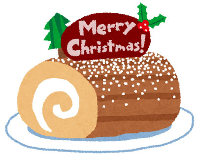フリー素材 クリスマスケーキの定番ブッシュドノエルのイラスト ツリーや柊が楽しい雰囲気