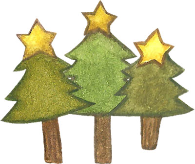 3本のクリスマスツリーのイラスト。クレヨン風の手描き感が温かい雰囲気。