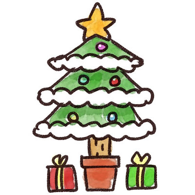 綺麗に飾り付けされたクリスマスツリーのイラスト。ゆるいタッチの手描き感が可愛い雰囲気。