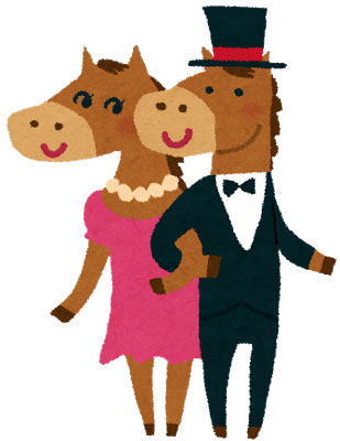 タキシードを着た馬とドレスを着た馬のカップルを描いたイラスト。おしゃれで可愛いデザイン。