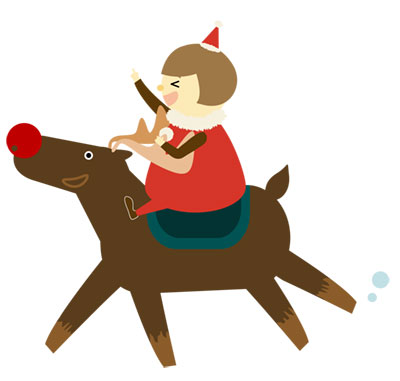 トナカイに乗ってはしゃぐ女の子のイラスト。楽しそうな雰囲気がクリスマスのデザインにぴったり。