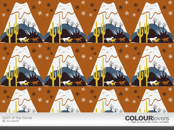 雪山のふもとを走る馬を描いたイラストパターン。茶色ベースの落ち着いた色使い。