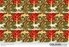 森の中を駆け抜ける白馬をモチーフにデザインされたイラストパターン。赤と緑の色使いが綺麗。