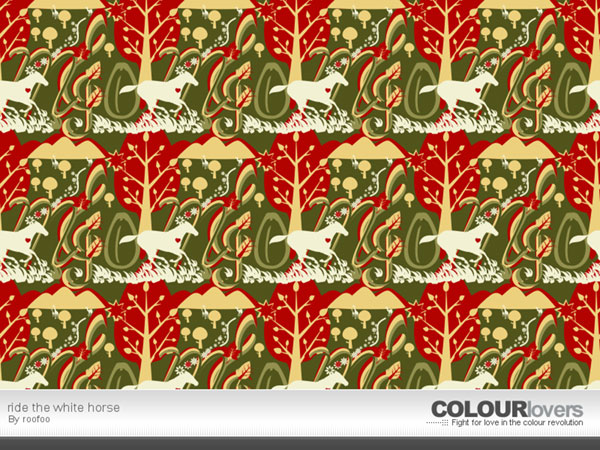 森の中を駆け抜ける白馬をモチーフにデザインされたイラストパターン。赤と緑の色使いが綺麗。