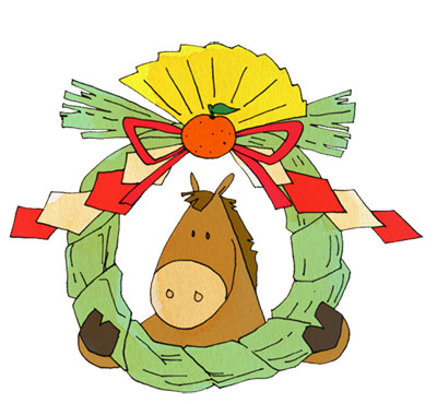 しめ縄の輪の中から顔を覗かせた馬を描いたイラスト。午年の年賀状デザインに。