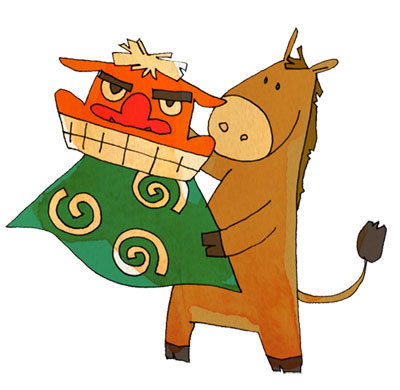フリー素材 獅子舞と馬のキャラクターを描いた可愛いイラスト 年賀状やお正月のデザインに