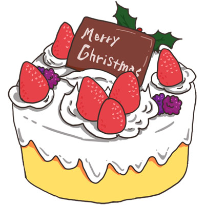 ホイップクリームと苺やチョコプレートでデコレーションされたクリスマスケーキのイラスト