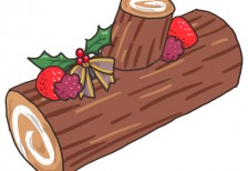 木の丸太の形をしたクリスマスケーキ「ブッシュドノエル」を描いたイラスト素材