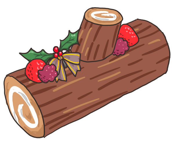 木の丸太の形をしたクリスマスケーキ「ブッシュドノエル」を描いたイラスト