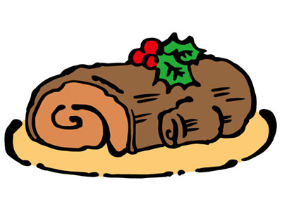 ブッシュ・ド・ノエルのクリスマスケーキを描いたイラスト。強弱のついたアウトラインが柔らかい雰囲気。