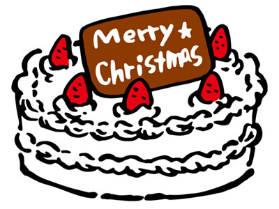 たっぷりの生クリームと苺でデコレーションされたクリスマスケーキのイラスト