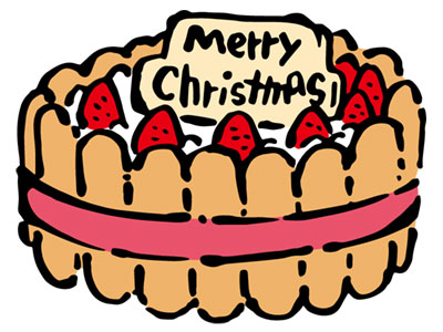 フリー素材 メリークリスマス のプレートが乗ったシャルロット風クリスマスケーキのイラスト