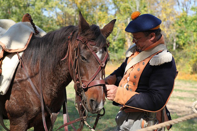 馬具を身につけた馬と騎兵のおじさんを撮影した写真素材
