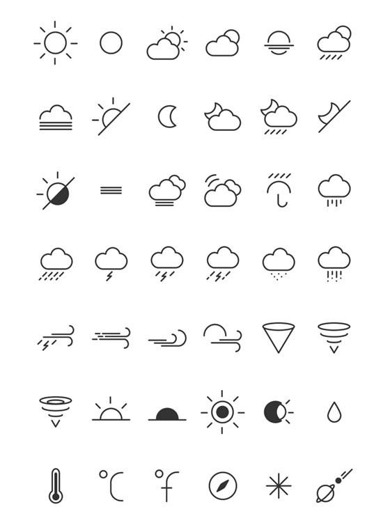 様々な気象マークを細いラインでデザインしたシンプルなアイコンセット