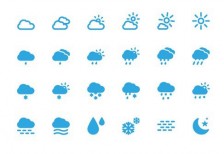 シンプルな天気マークをデザインしたベクターアイコン。晴れや曇りに雪の結晶や月など。
