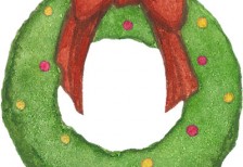 クリスマスリースをクレヨンのような柔らかいタッチで描いたイラスト。大きなリボンが可愛いデザイン。