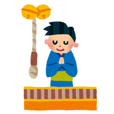 初詣でお賽銭箱の前でお参りをしている男性を描いた和風イラスト