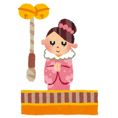 ピンクの花柄の着物を着て賽銭箱の前でお参りをする女性を描いたイラスト