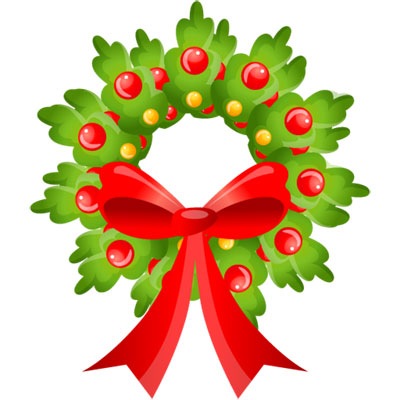 赤と緑のクリスマスーカラーが華やかなリースのイラストアイコン。ポップで可愛いデザイン。