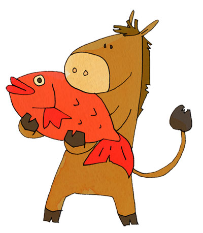 大きな鯛を抱えた馬のキャラクターの可愛いイラスト。お正月や年賀状のデザインに。
