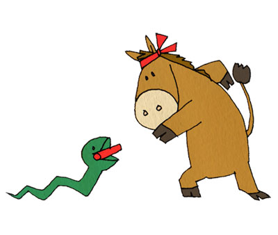 蛇からバトンをもらう馬を描いた可愛いイラスト。年賀状のデザインに。