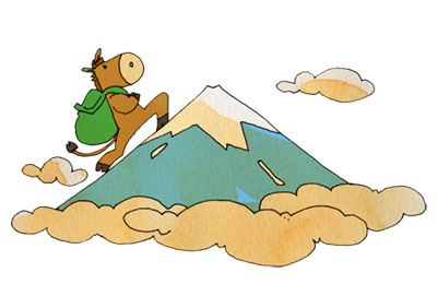 フリー素材 大きなリュックサックを背負って富士山を登る馬のキャラクターの可愛いイラスト