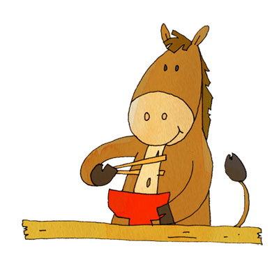 お箸を使ってお餅を食べる馬のキャラクターを描いた可愛いイラスト
