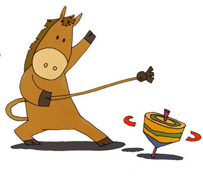 コマ回しをする馬のキャラクターを手描き風のゆるいタッチで描いた可愛いイラスト