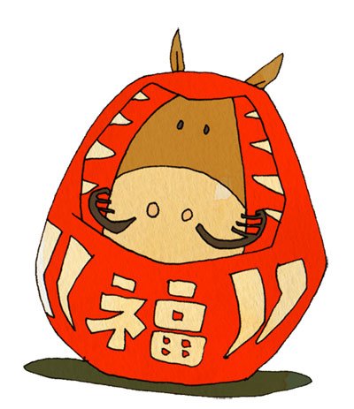 ダルマになった馬のキャラクターを描いたイラスト。楽しいお正月のデザインに。