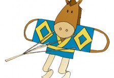 凧になった馬のキャラクターを描いたイラスト。きょとんとした表情が可愛いデザイン。