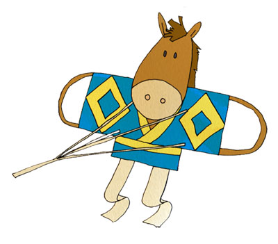 凧になった馬のキャラクターを描いたイラスト。きょとんとした表情が可愛いデザイン。