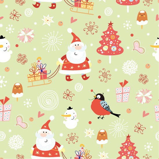 無料素材 ソリを引くサンタやスノーマンにクリスマスツリーなどを描いた可愛いベクターパターン
