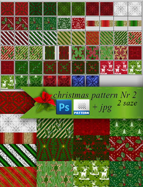 クリスマス用にデザインされたパターンセット。赤と緑のストライプやトナカイにモミの木など。