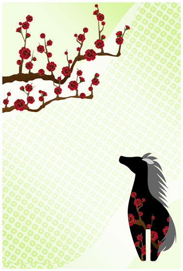 無料素材 梅の花を見上げる馬をデザインした午年用イラストテンプレート お正月らしいおめでたい雰囲気