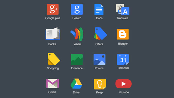 GoogleのWEBサービスのベクターアイコン素材セット。Google+やGoogleDriveにBloggerなど。