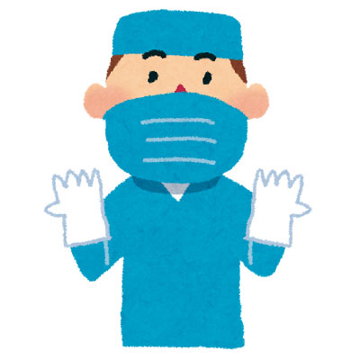 青い手術着を着て白い手袋をはめた外科医を描いたイラスト
