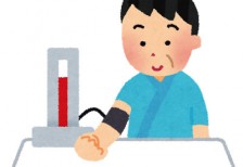 血圧を測る中年男性を描いたイラスト。手描き感がやさしい雰囲気。