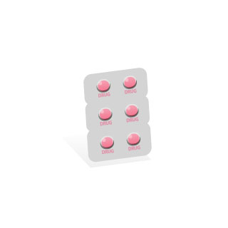 パッケージに入ったピンク色の錠剤を描いたイラスト。医療や健康がテーマのデザインに。