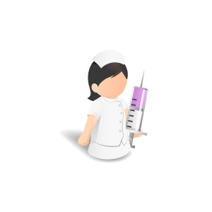 大きな注射器をを持った看護婦さんを描いたイラストアイコン。シンプルで使いやすいデザイン。