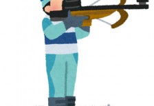 スキーで滑りつつ的を銃で撃つ競技「バイアスロン」の選手を描いたイラスト