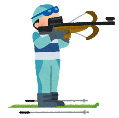 スキーで滑りつつ的を銃で撃つ競技「バイアスロン」の選手を描いたイラスト