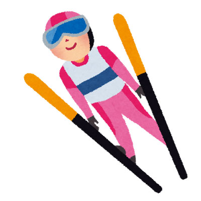 冬季オリンピックのスキージャンプ選手を描いたイラスト。ピンクのスーツとオレンジのスキー板が綺麗。
