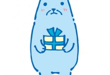 プレゼントを持ったクマのイラスト。ブルーのシンプルな色使いと手描き感が可愛いデザイン。