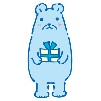 プレゼントを持ったクマのイラスト。ブルーのシンプルな色使いと手描き感が可愛いデザイン。