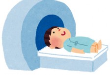 MRIに入った男性患者を描いたイラスト。医療や健康診断のデザインに。