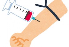 注射器を刺して採血をする腕を描いたイラスト。ワンポイントや挿絵のデザインに。