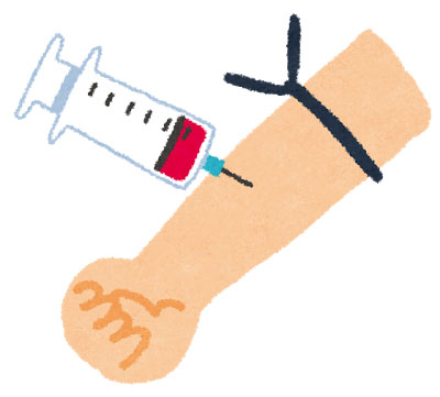 注射器を刺して採血をする腕を描いたイラスト。ワンポイントや挿絵のデザインに。